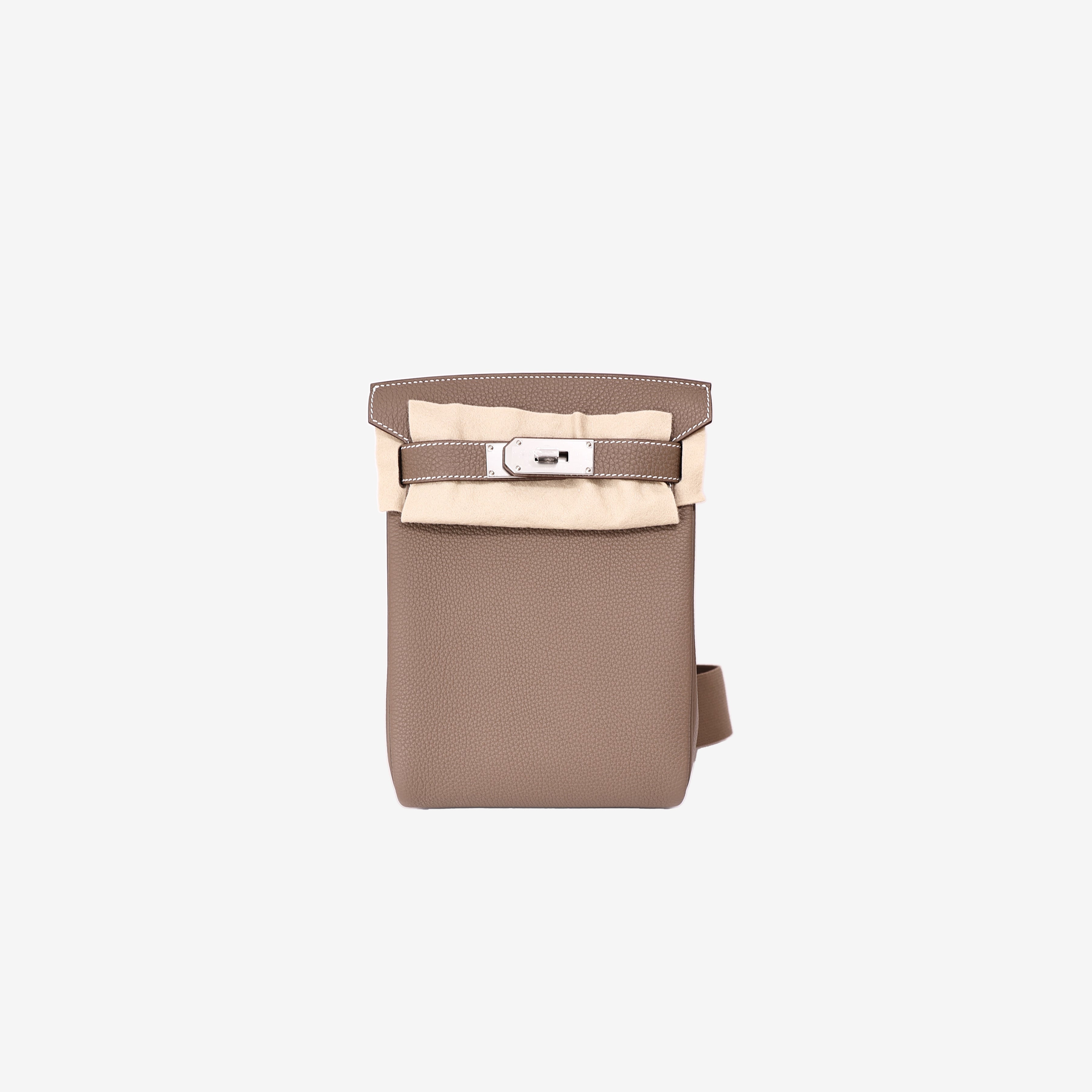 Hermès HAC à Dos PM in Etoupe Clemence Leather with Palladium Hardware front view