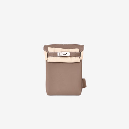 Hermès HAC à Dos PM in Etoupe Clemence Leather with Palladium Hardware front view