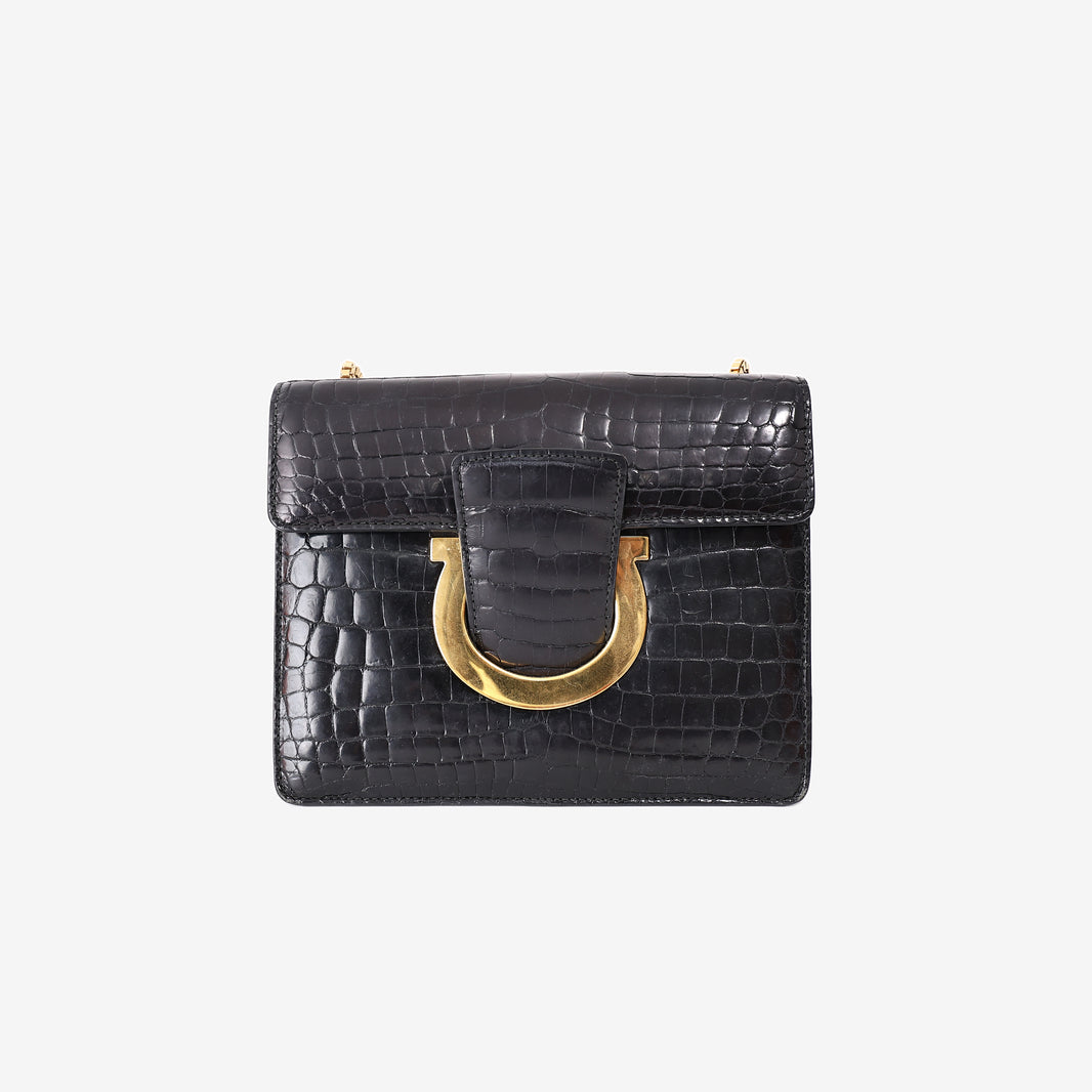 Salvatore Ferragamo Thalia Bag in Black Crocodile-Embossed Leather with Gold Hardware