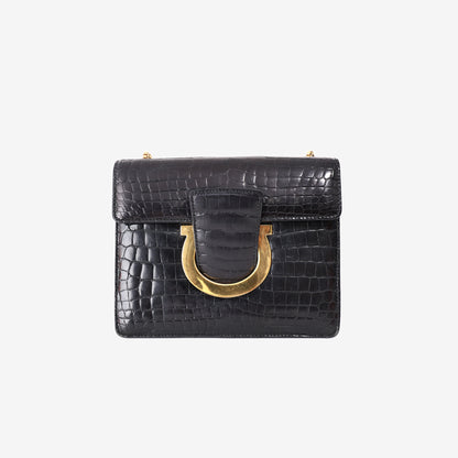 Salvatore Ferragamo Thalia Bag in Black Crocodile-Embossed Leather with Gold Hardware