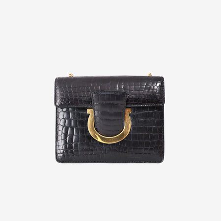 Salvatore Ferragamo Thalia Bag in Black Crocodile-Embossed Leather with Gold Hardware