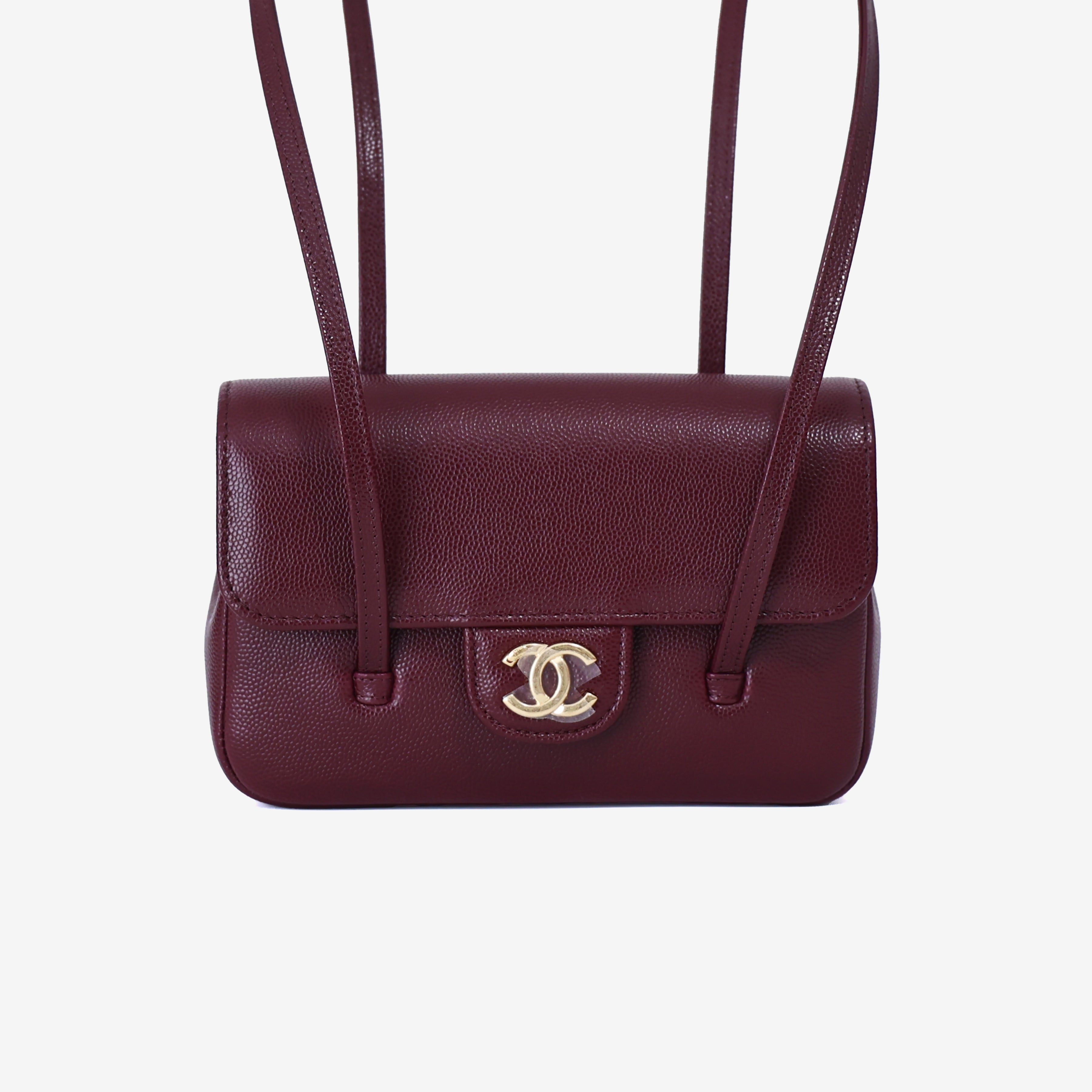 Chanel 26P Preppy Flap Mini in Dark Burgundy Calfskin Leather with Gold Hardware front view