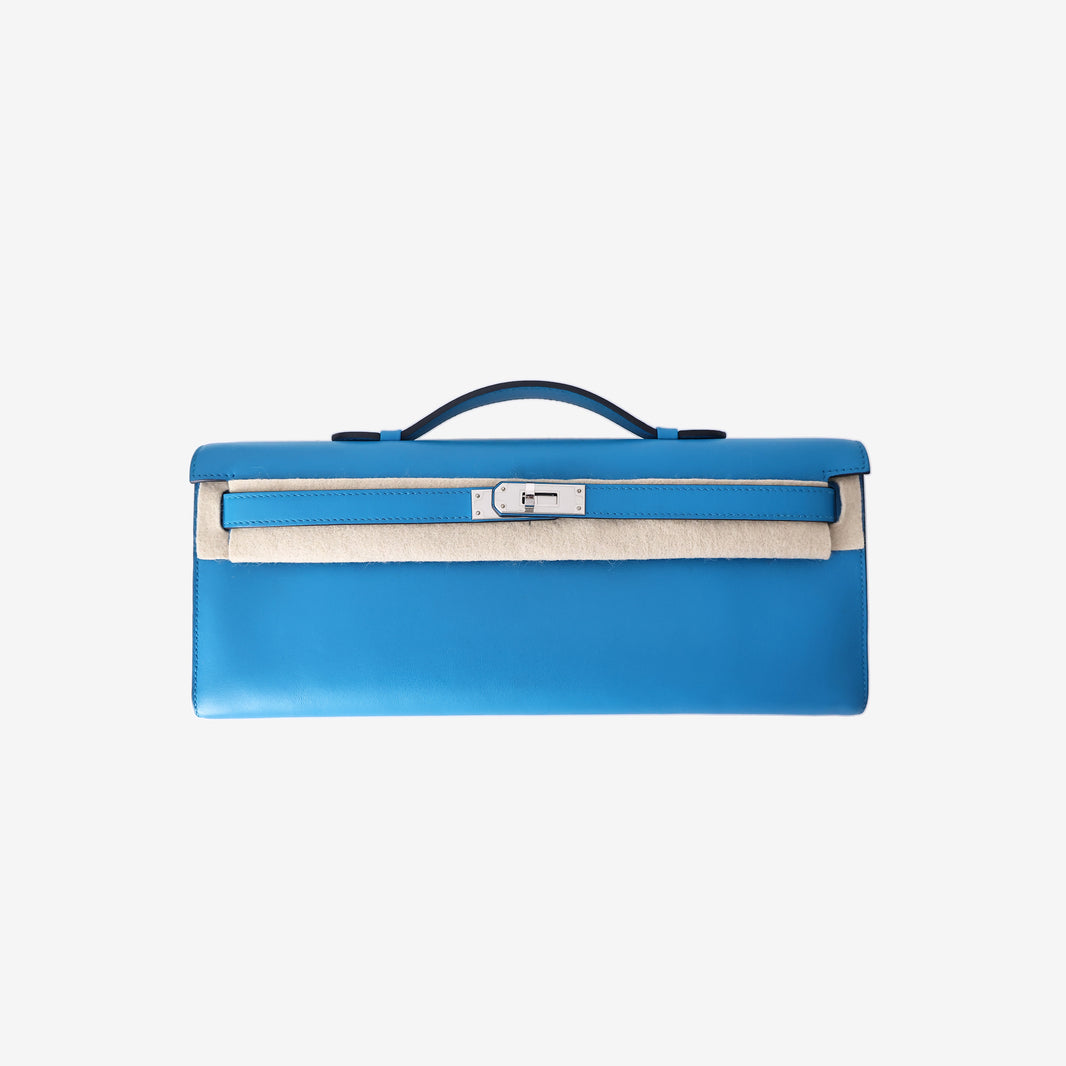 Hermès Kelly Cut Clutch in Bleu Swift Leather with Palladium-Plated Hardware