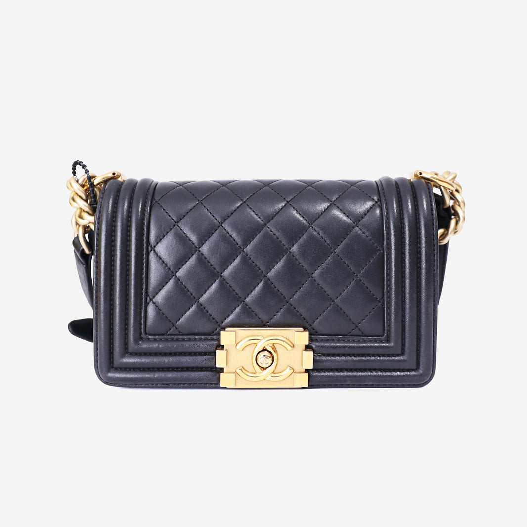 Chanel Boy Bag in Black Lambskin Leather with Gold Hardware front view