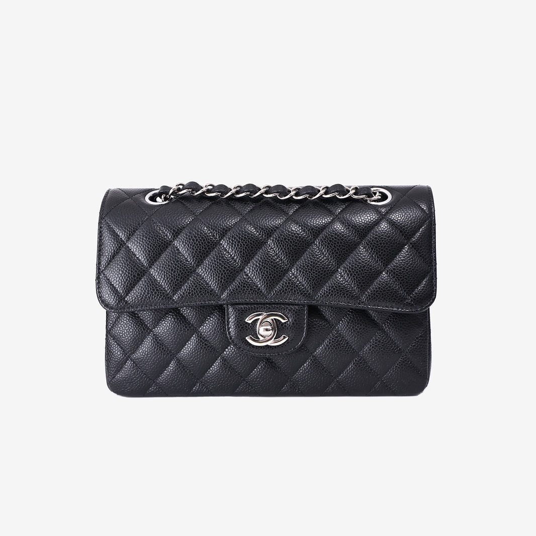 Chanel Small Classic Flap Bag in Black Caviar Leather with Silver Hardware