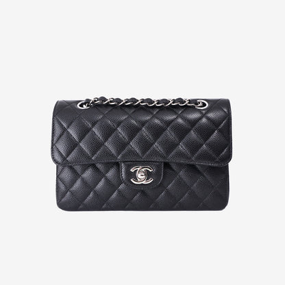 Chanel Small Classic Flap Bag in Black Caviar Leather with Silver Hardware