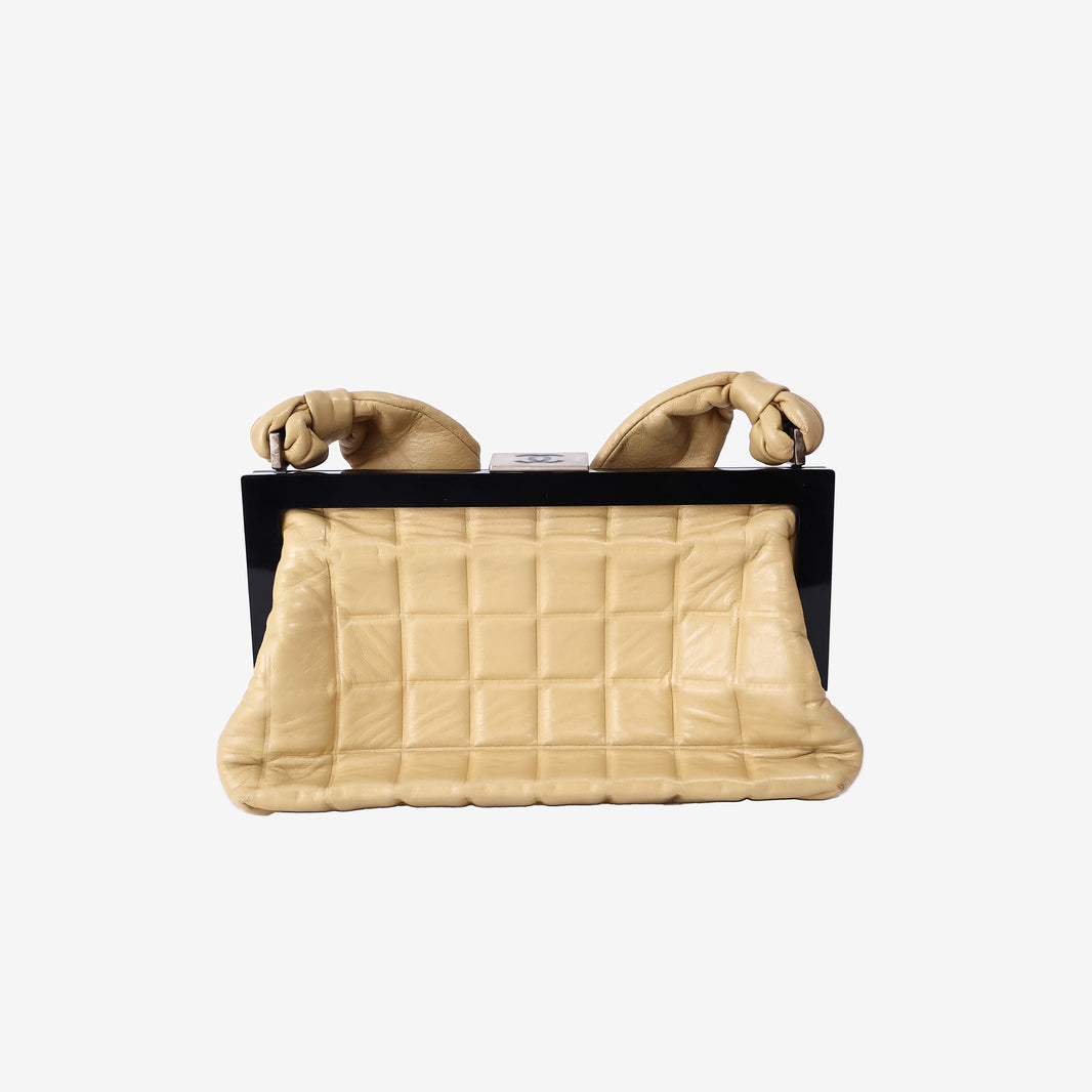 Chanel Chocolate Bar Frame Bag in Beige Lambskin Leather with Silver Hardware