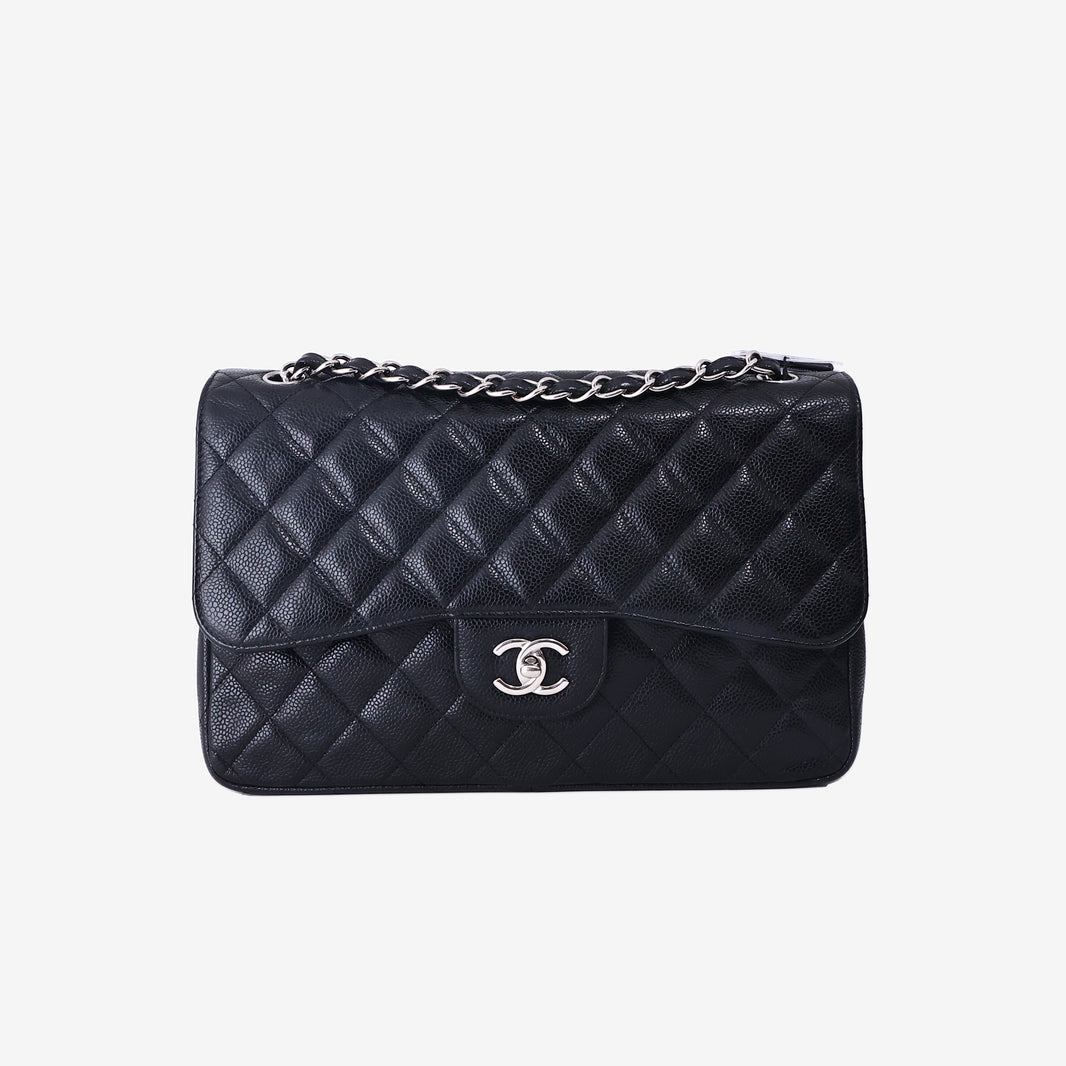 Chanel Classic Large Flap Bag in Black Caviar Leather with Silver Hardware