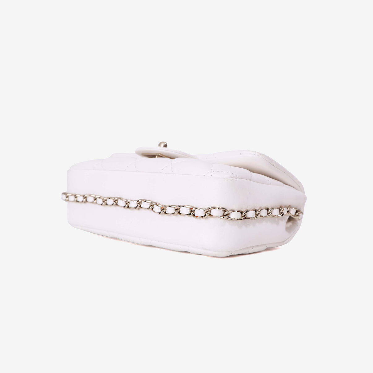 Chanel Pearl Crush Flap Bag in White Calfskin Leather with Gold Hardware bottom side view
