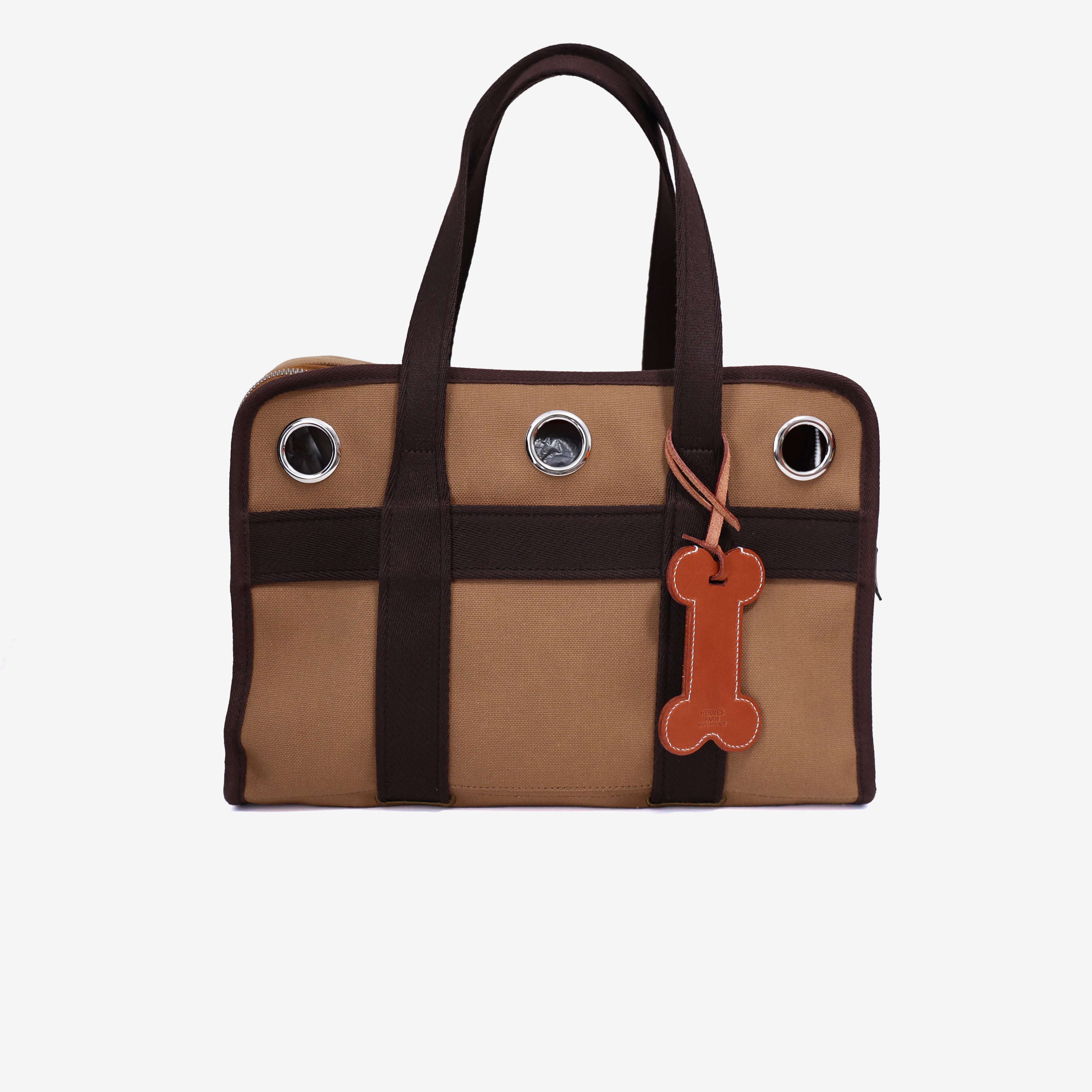 Hermès Dog Carrying Bag in Fauve/Feu Canvas Leather with Palladium Hardware front view