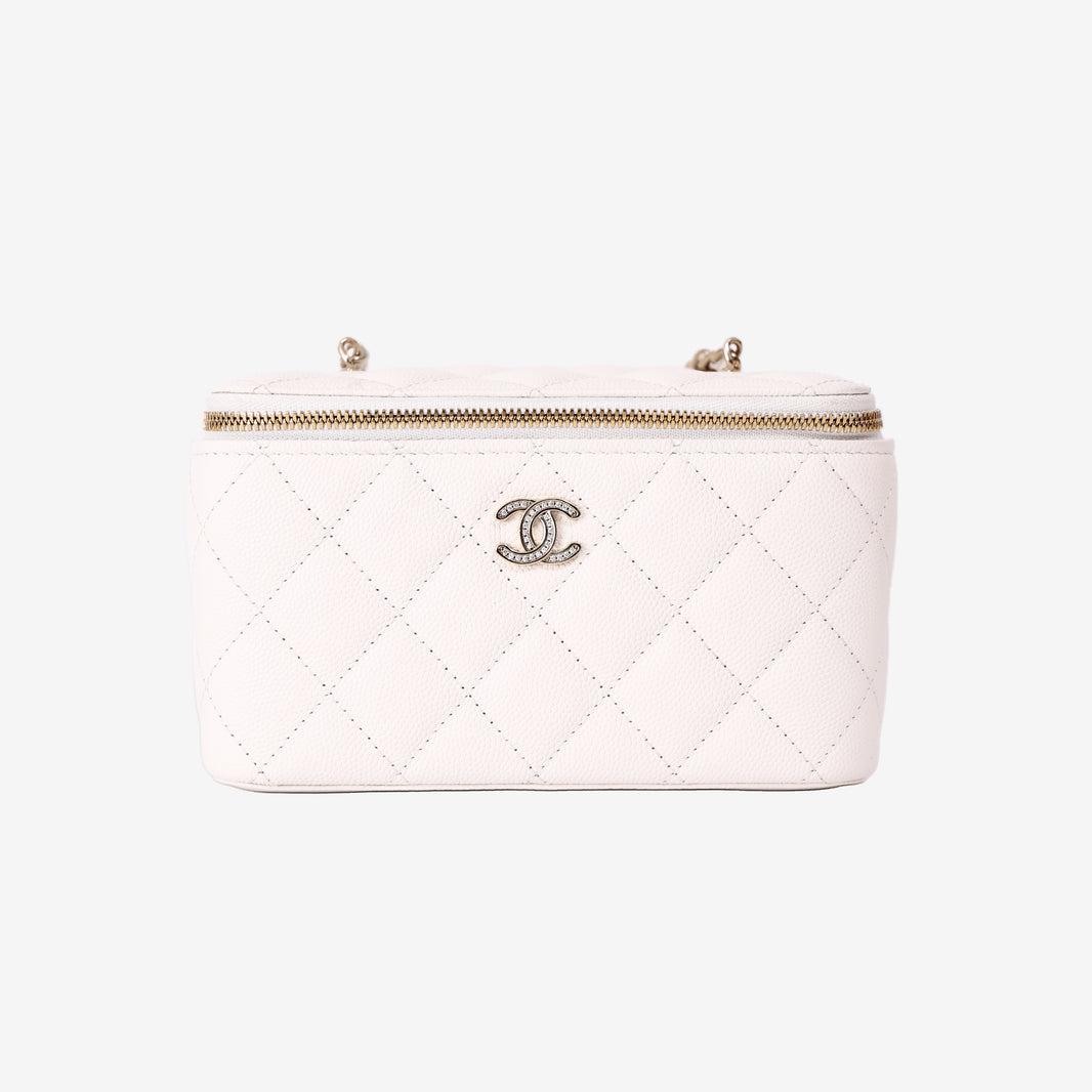 Chanel Vanity Case with Chain Bag in White Caviar Leather with Gold Hardware