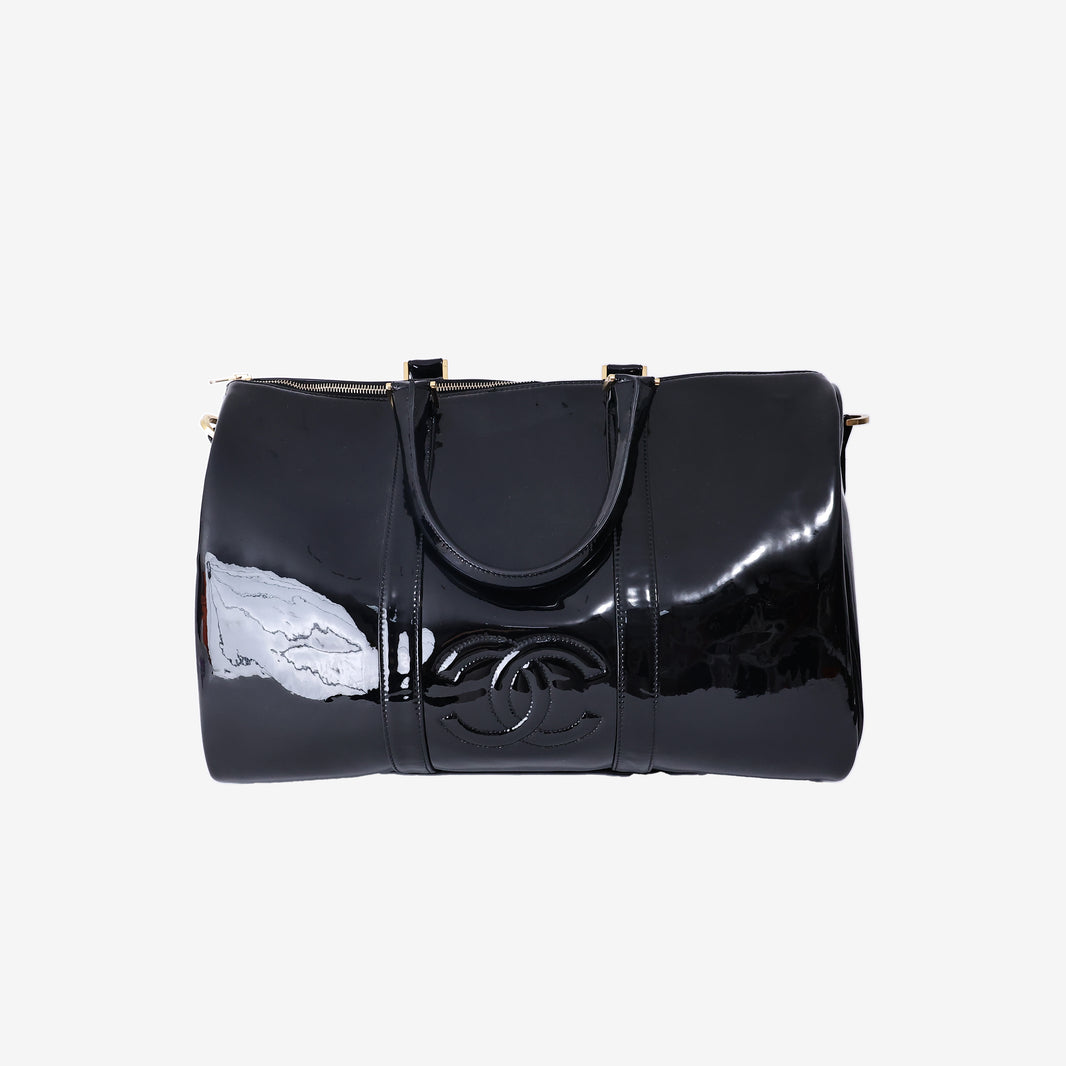 Chanel Vintage CC Boston Travel Bag in Black Patent Leather with Gold Hardware