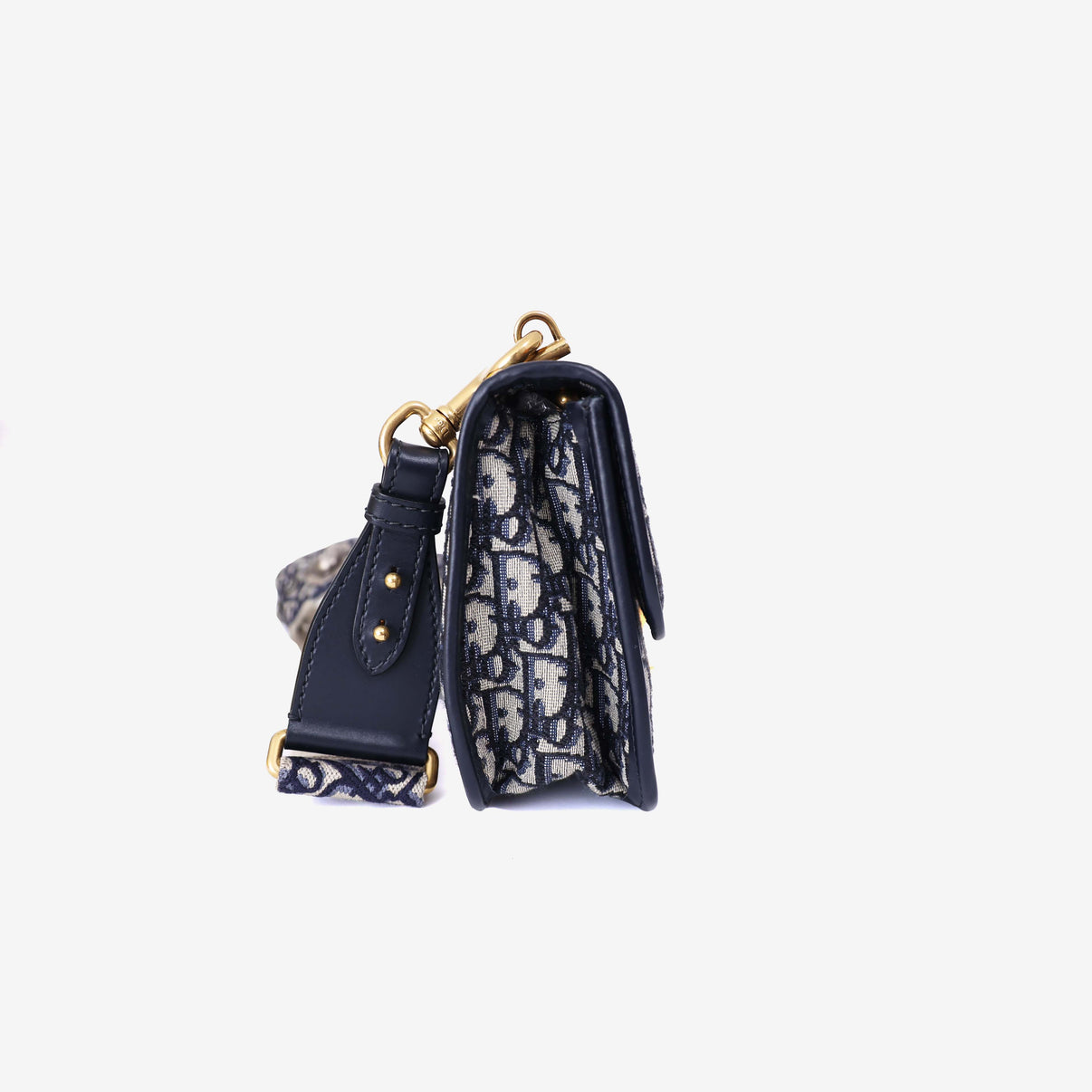 Dior Addict Flap Bag in Navy Blue Oblique Jacquard Canvas with Gold Hardware side view
