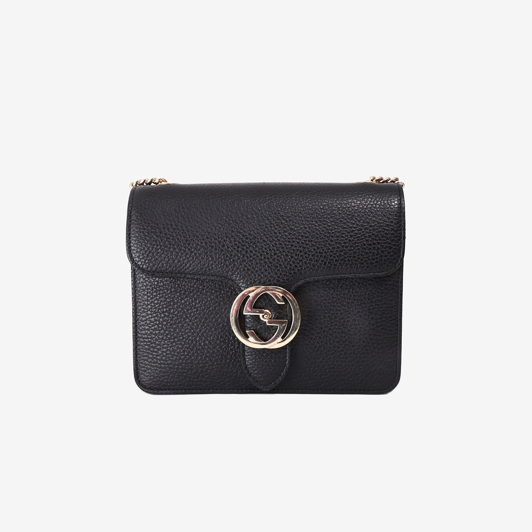 Gucci Interlocking G Shoulder Bag in Black Calfskin Leather with Gold Hardware