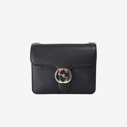 Gucci Interlocking G Shoulder Bag in Black Calfskin Leather with Gold Hardware