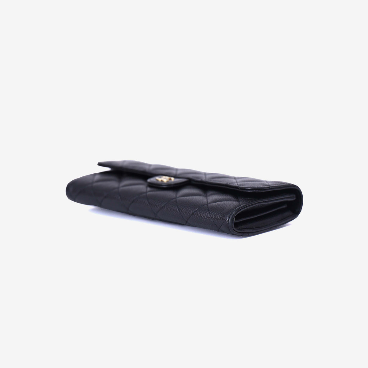 Chanel Classic Long Flap Wallet in Black Caviar Leather with Gold Hardware bottom side view