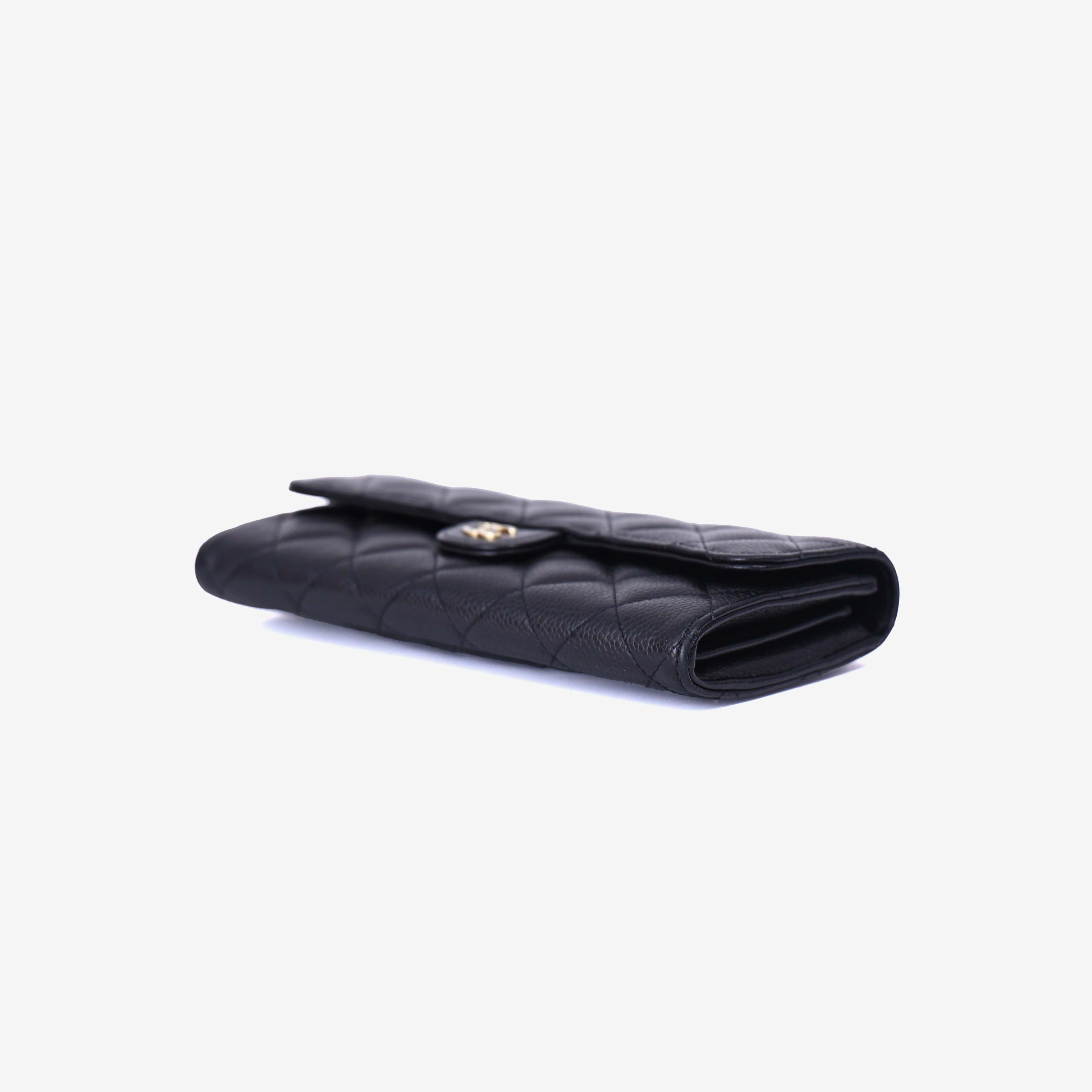 Chanel Classic Long Flap Wallet in Black Caviar Leather with Gold Hardware bottom side view