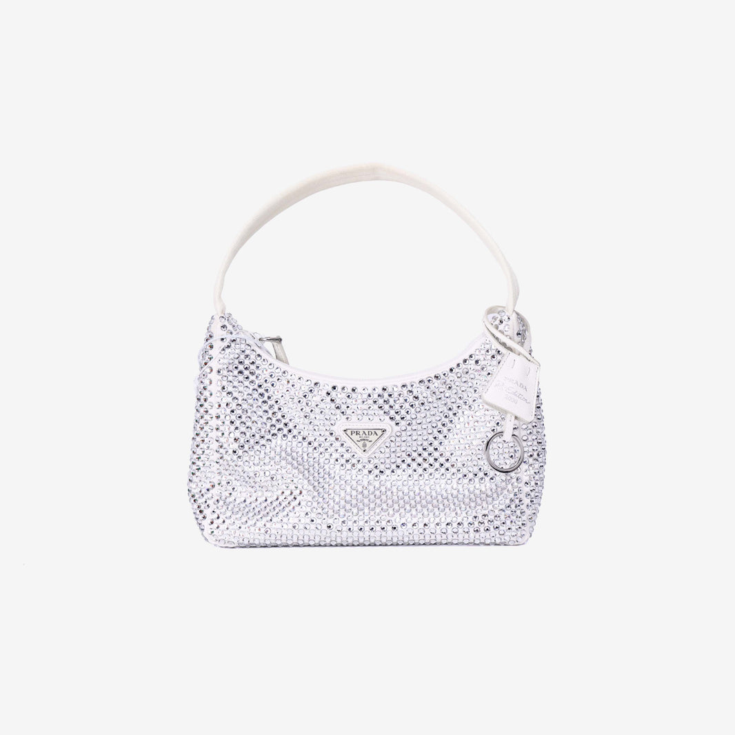 Prada Crystal Shoulder Bag in White Crystal Embellished Canvas front view