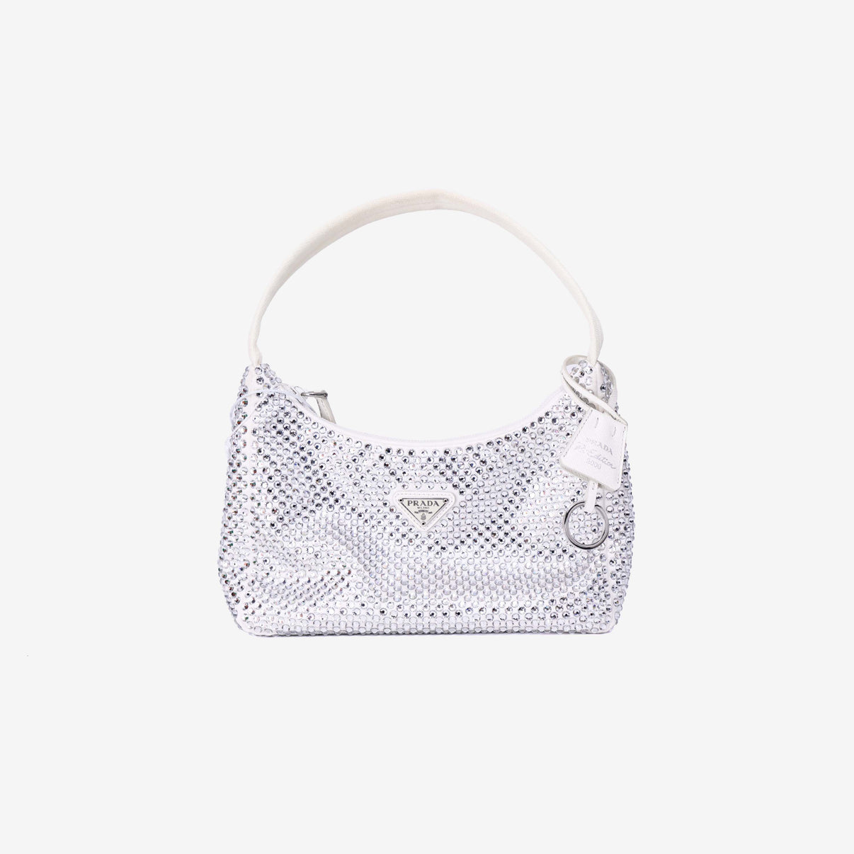 Prada Crystal Shoulder Bag in White Crystal Embellished Canvas front view