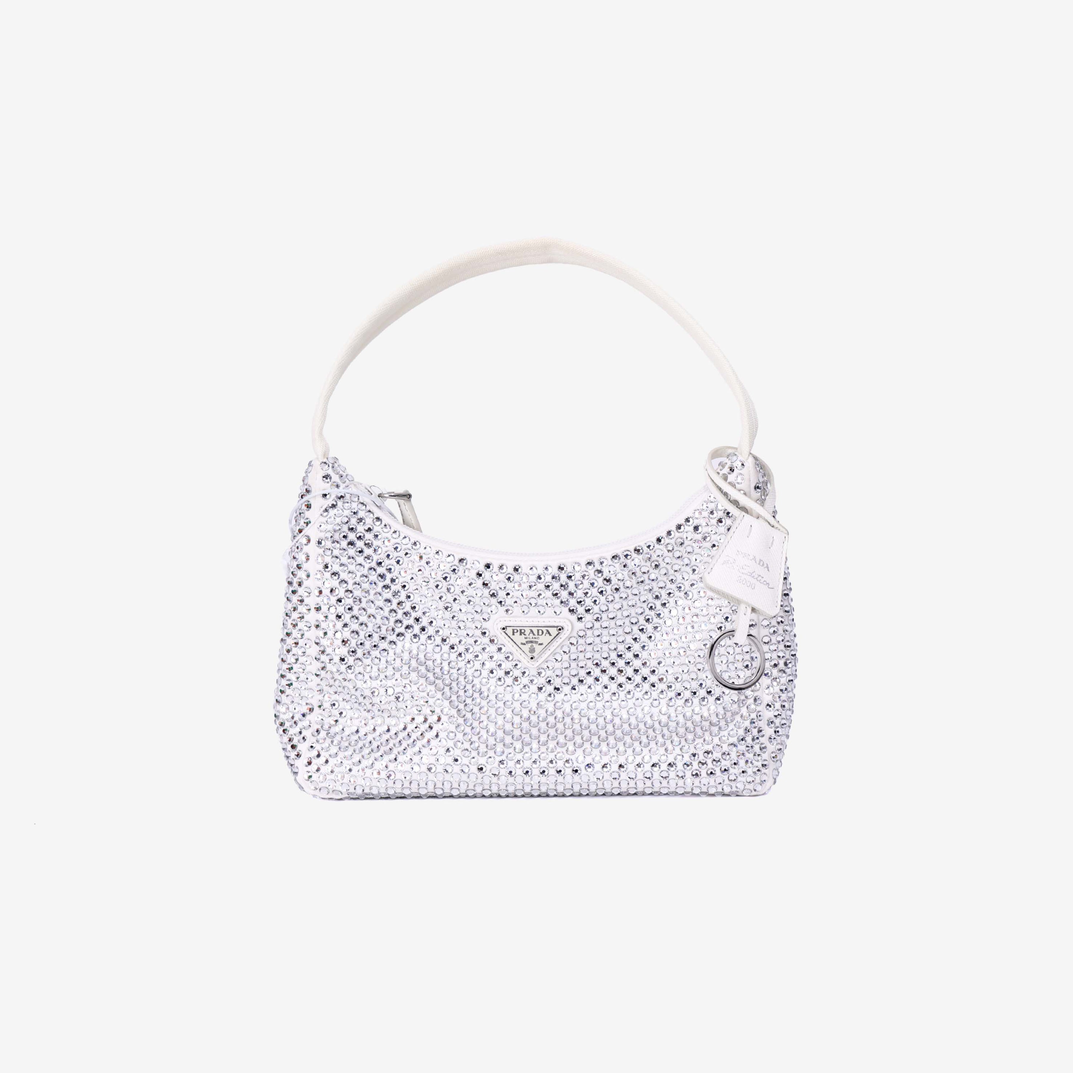 Prada Crystal Shoulder Bag in White Crystal Embellished Canvas front view