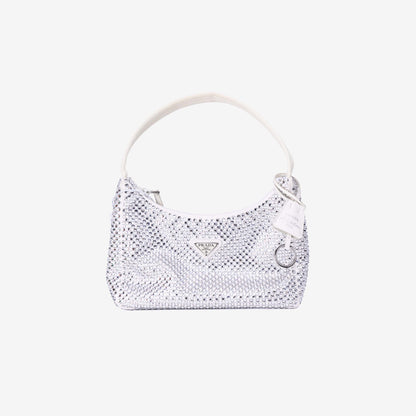 Prada Crystal Shoulder Bag in White Crystal Embellished Canvas front view