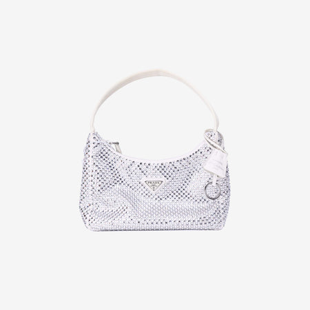 Prada Crystal Shoulder Bag in White Crystal Embellished Canvas front view