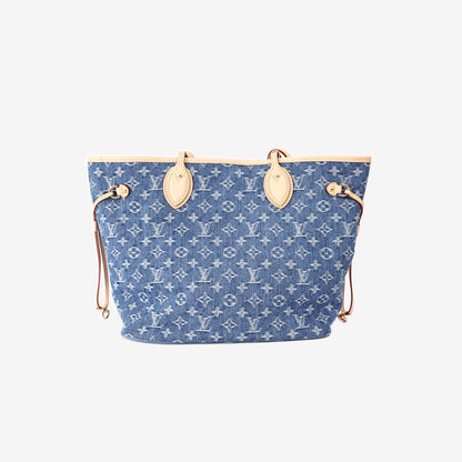 Louis Vuitton Neverfull MM Tote Bag in Blue Monogram Denim with Gold Hardware