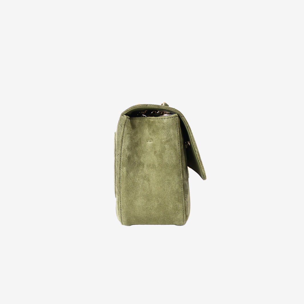 Chanel 26A Matthieu Blazy Maxi Flap Bag 32 in Khaki Suede Calfskin Leather with Gold Hardware