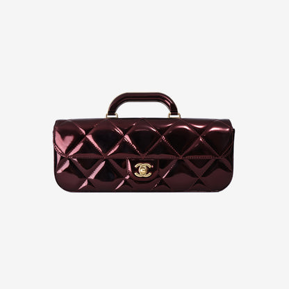 Chanel Large Flap Bag With Handle in Metallic Burgundy Patent Leather with Gold Hardware