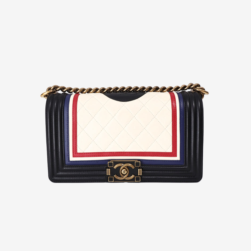 Chanel Boy Bag in White Black and Blue Lambskin Leather with Gold Hardware