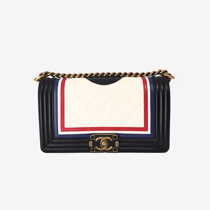 Chanel Boy Bag in White Black and Blue Lambskin Leather with Gold Hardware