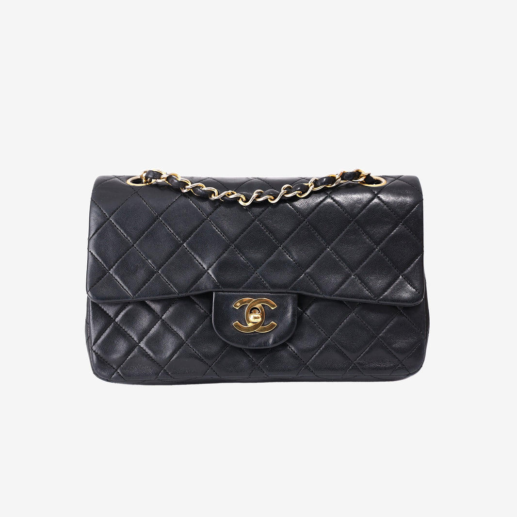 Chanel Vintage Classic Flap Bag in Black Lambskin Leather with Gold Hardware front view