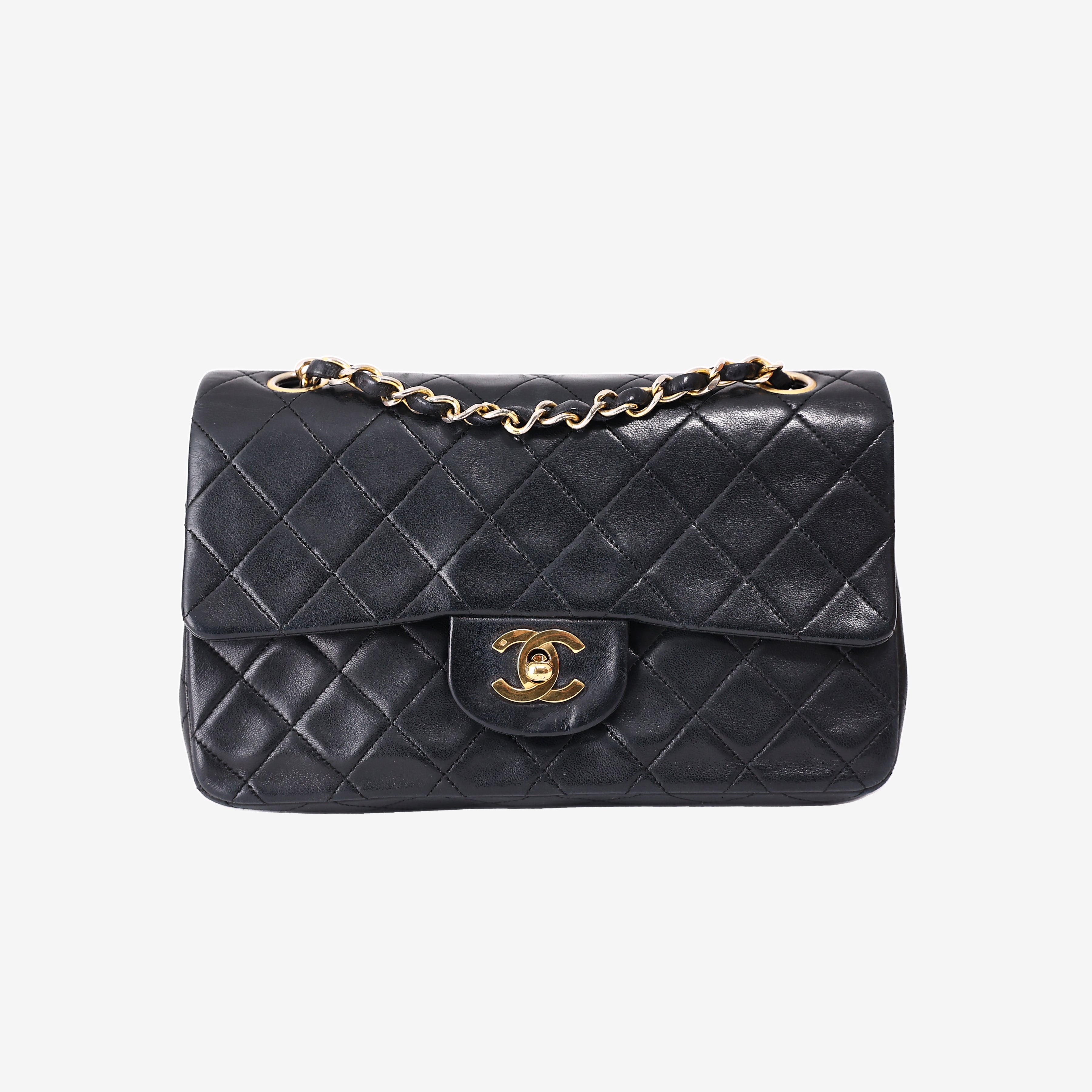 Chanel Vintage Classic Flap Bag in Black Lambskin Leather with Gold Hardware front view