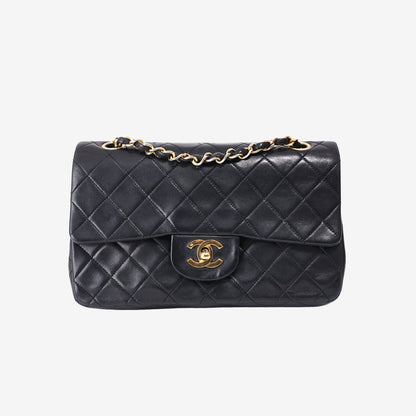 Chanel Vintage Classic Flap Bag in Black Lambskin Leather with Gold Hardware front view