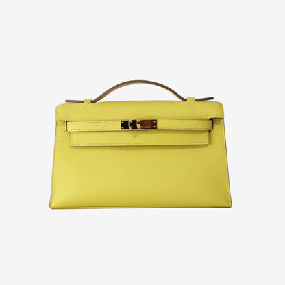 Hermès Kelly Pochette in Lime Swift Leather with Gold-Plated Hardware
