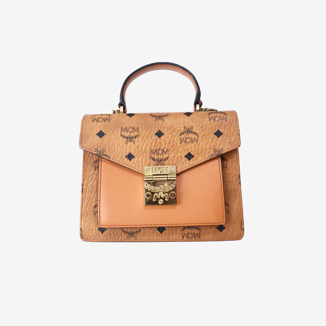 MCM Patricia Visetos Satchel Bag in Cognac Visetos Coated Canvas with Gold Hardware