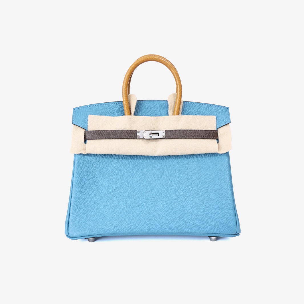 Hermès Birkin 25 in Bleu Jean/Ecorce/Sesame Epsom Leather with Palladium Hardware front view