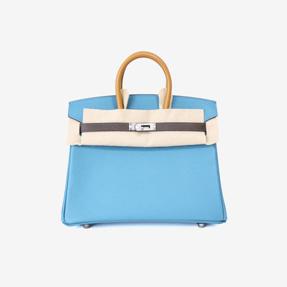 Hermès Birkin 25 in Bleu Jean/Ecorce/Sesame Epsom Leather with Palladium Hardware front view