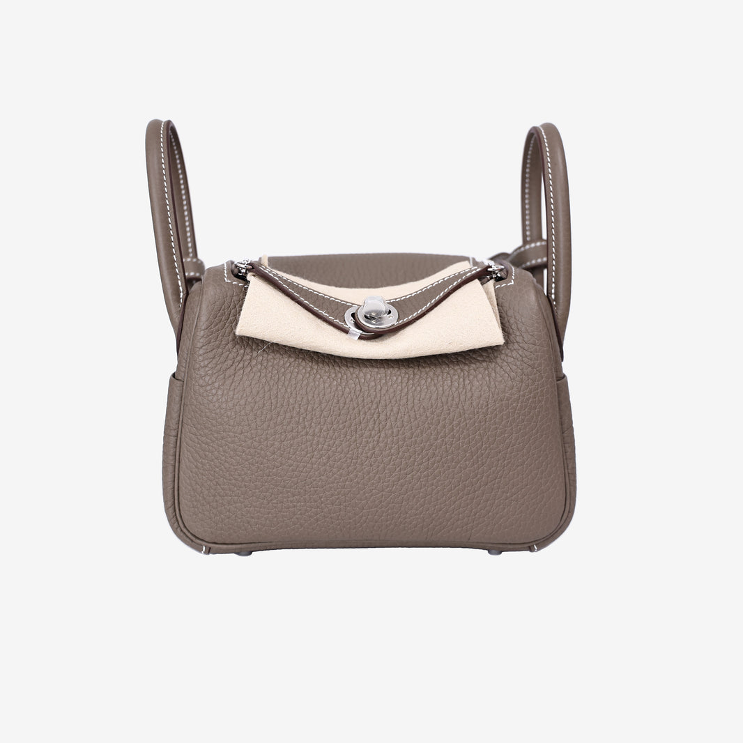 Hermès Mini Lindy in Etoupe Clemence Leather with Palladium Hardware front view
