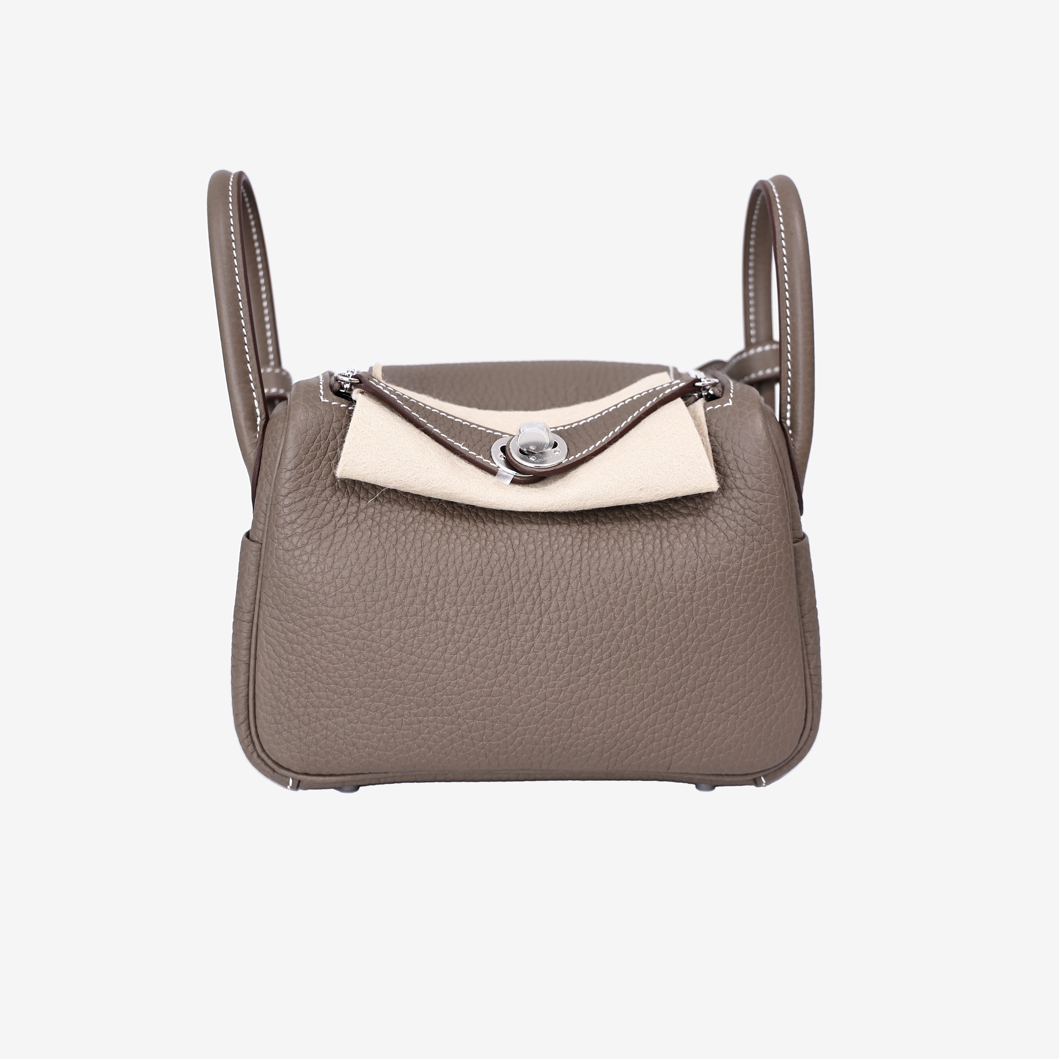 Hermès Mini Lindy in Etoupe Clemence Leather with Palladium Hardware front view