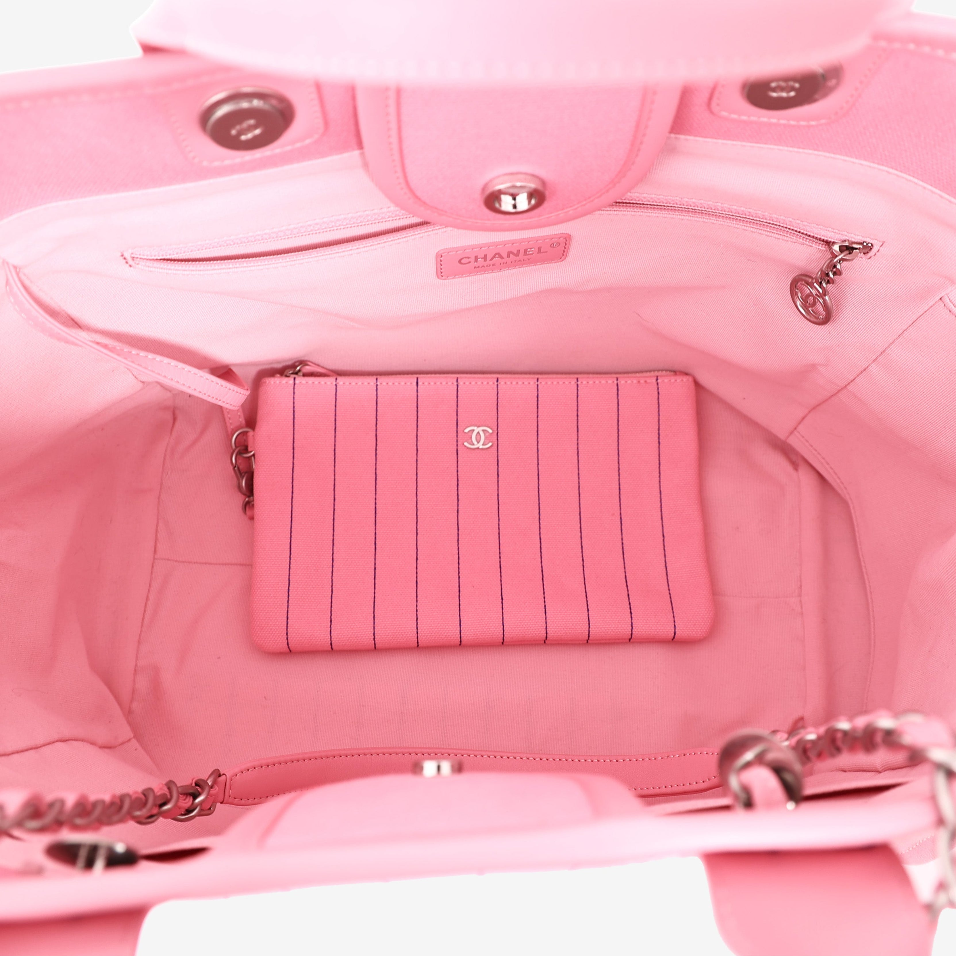 Chanel Large Deauville Tote in Pink and Blue Striped Canvas with Calfskin Leather and Palladium Hardware interior view
