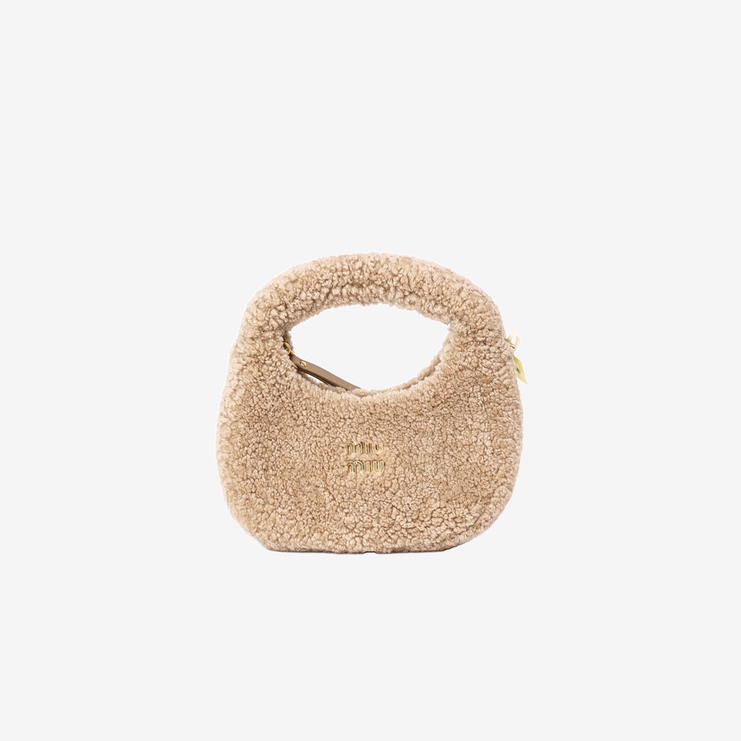Miu Miu Wander Shearling Hobo Bag Mini in Beige Shearling with Gold Hardware front view