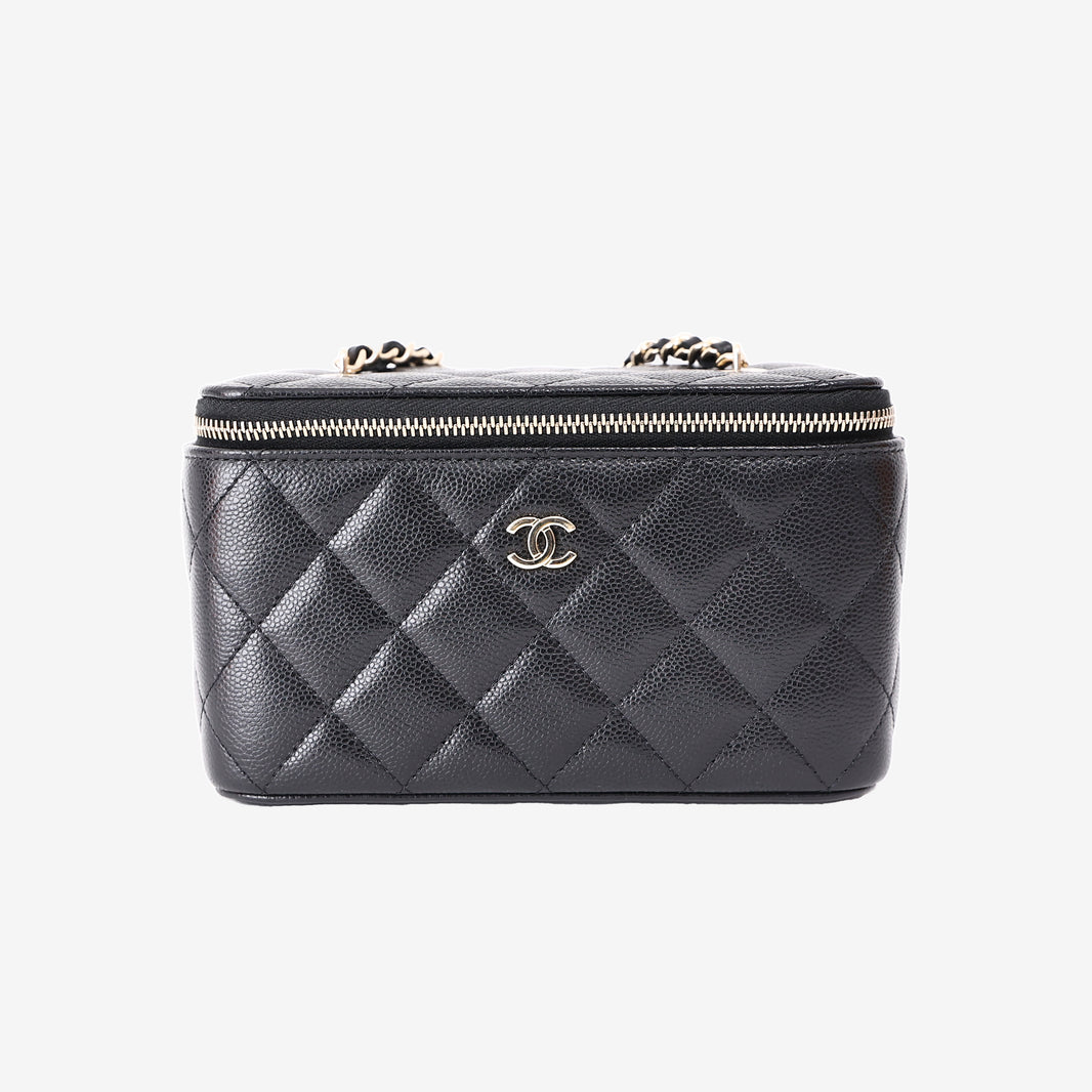 Chanel Small Vanity Case with Chain in Black Caviar Leather with Gold Hardware front view