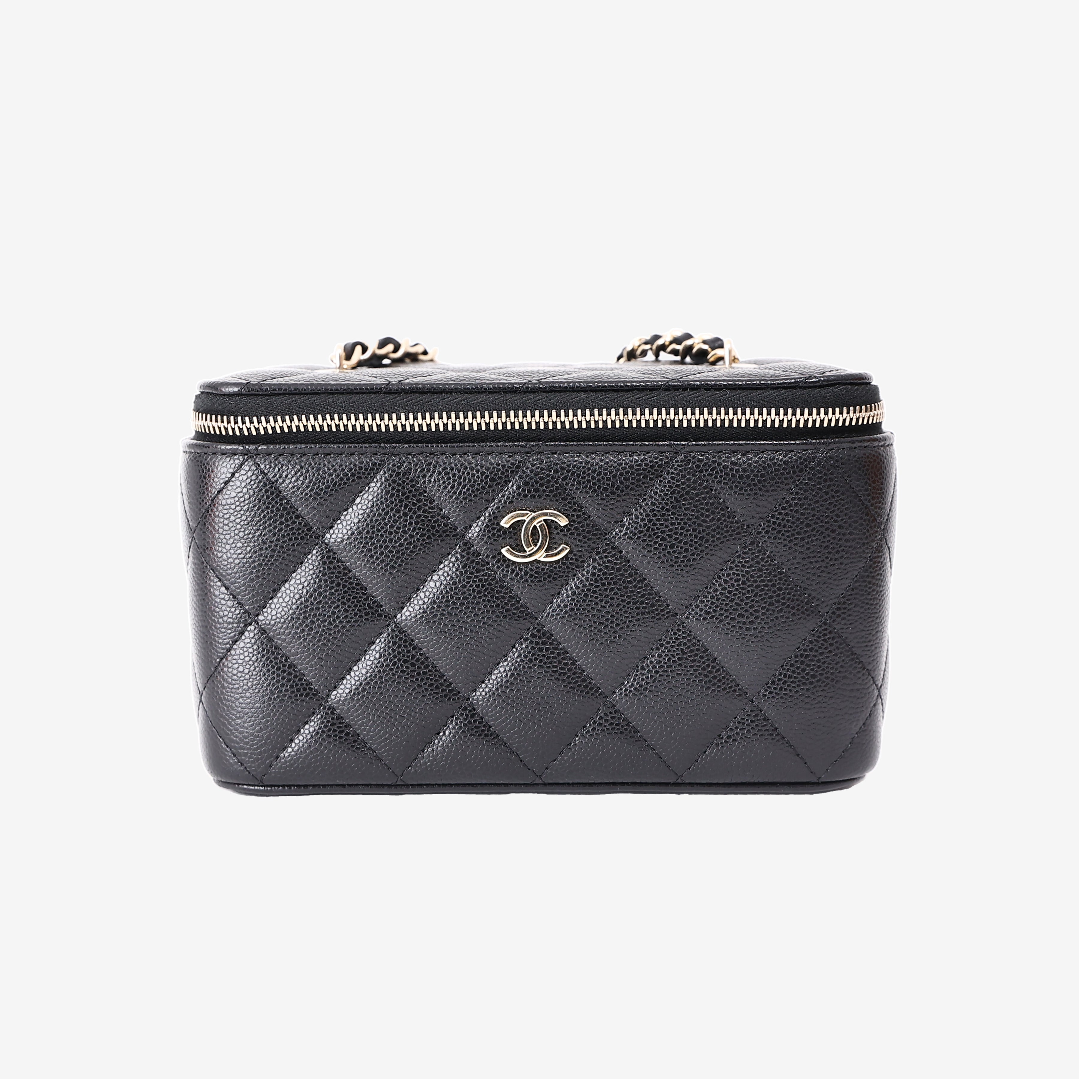 Chanel Small Vanity Case with Chain in Black Caviar Leather with Gold Hardware front view