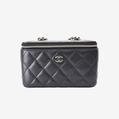 Chanel Small Vanity Case with Chain in Black Caviar Leather with Gold Hardware front view