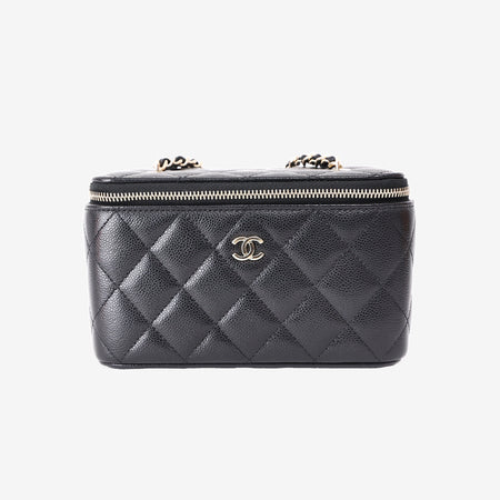 Chanel Small Vanity Case with Chain in Black Caviar Leather with Gold Hardware front view