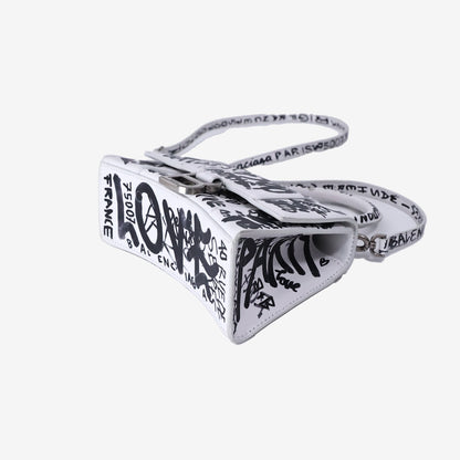 Balenciaga Hourglass XS Top Handle Bag in White Graffiti Print Leather with Silver Hardware