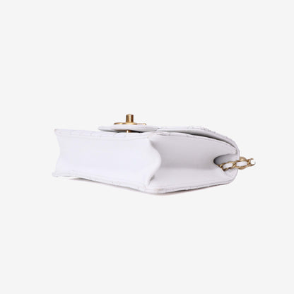 Chanel Classic Flap on Pearl Chain in White Lambskin with Gold Hardware bottom side view