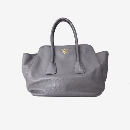 Prada Vitello Daino Leather Top Handle Tote Bag in Grafite Calfskin Leather with Shoulder Strap