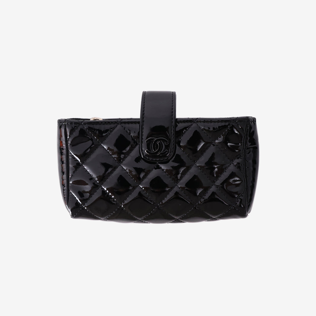 Chanel Patent Quilted Classic Pouch in Black Patent Leather with Silver Hardware